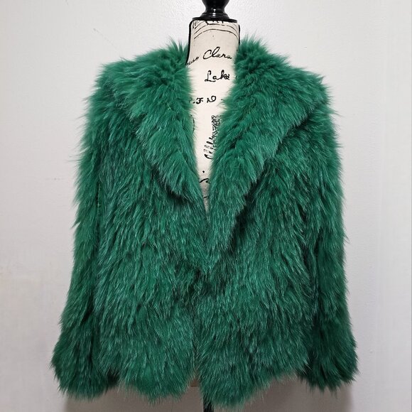 New Real Striped Knitted Fox Fur Cape Jacket Emerald Forest Green Jade No Mink - Picture 1 of 5